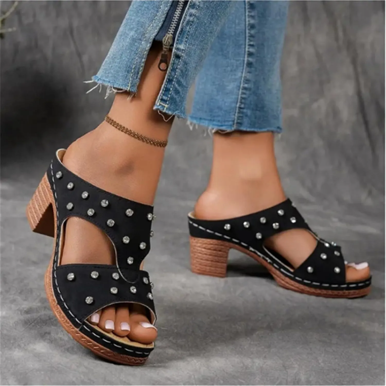 Womens Chunky Low Heel Sandals Dressy Rhinestone Summer Comfy Arch Support Slip On Platform Wedge Sandals Beach Shoes