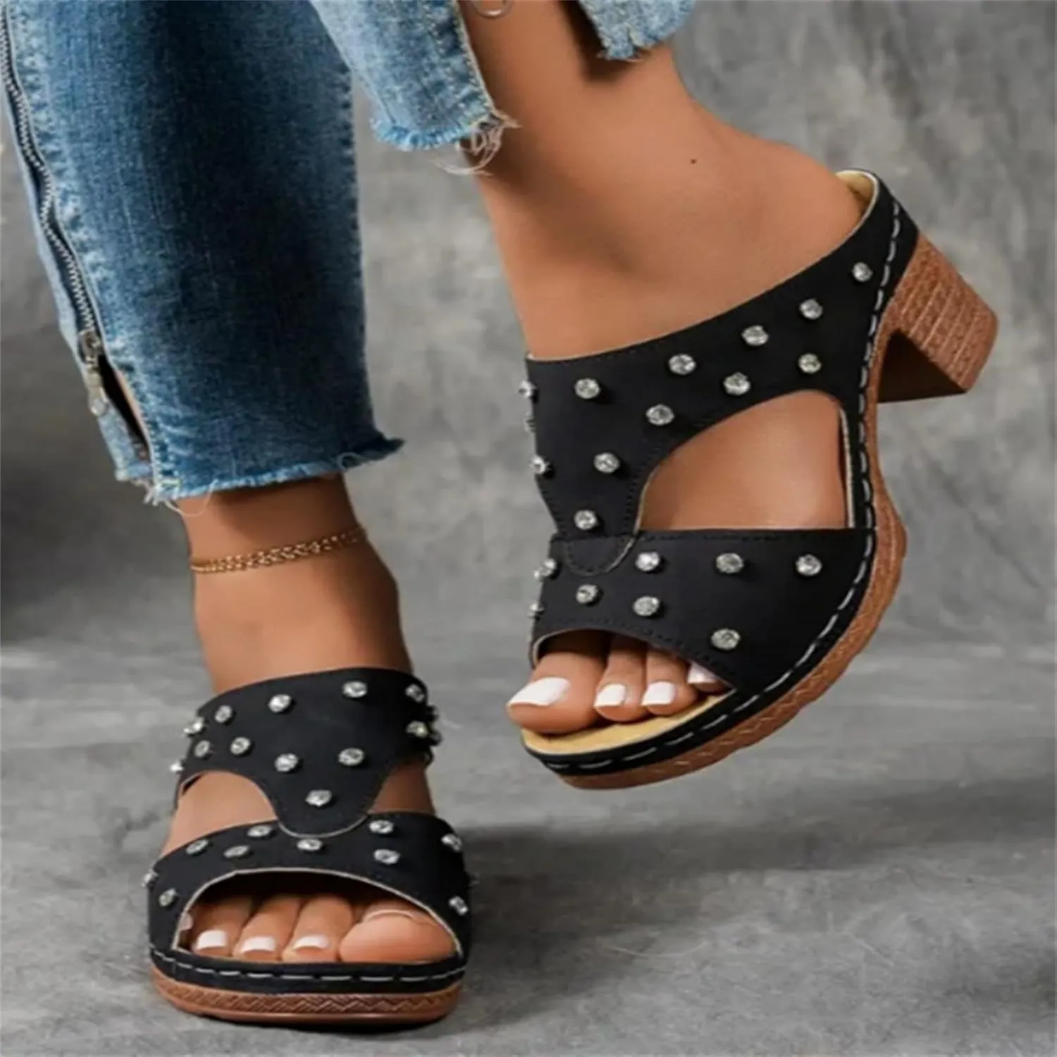 Womens Chunky Low Heel Sandals Dressy Rhinestone Summer Comfy Arch Support Slip On Platform Wedge Sandals Beach Shoes
