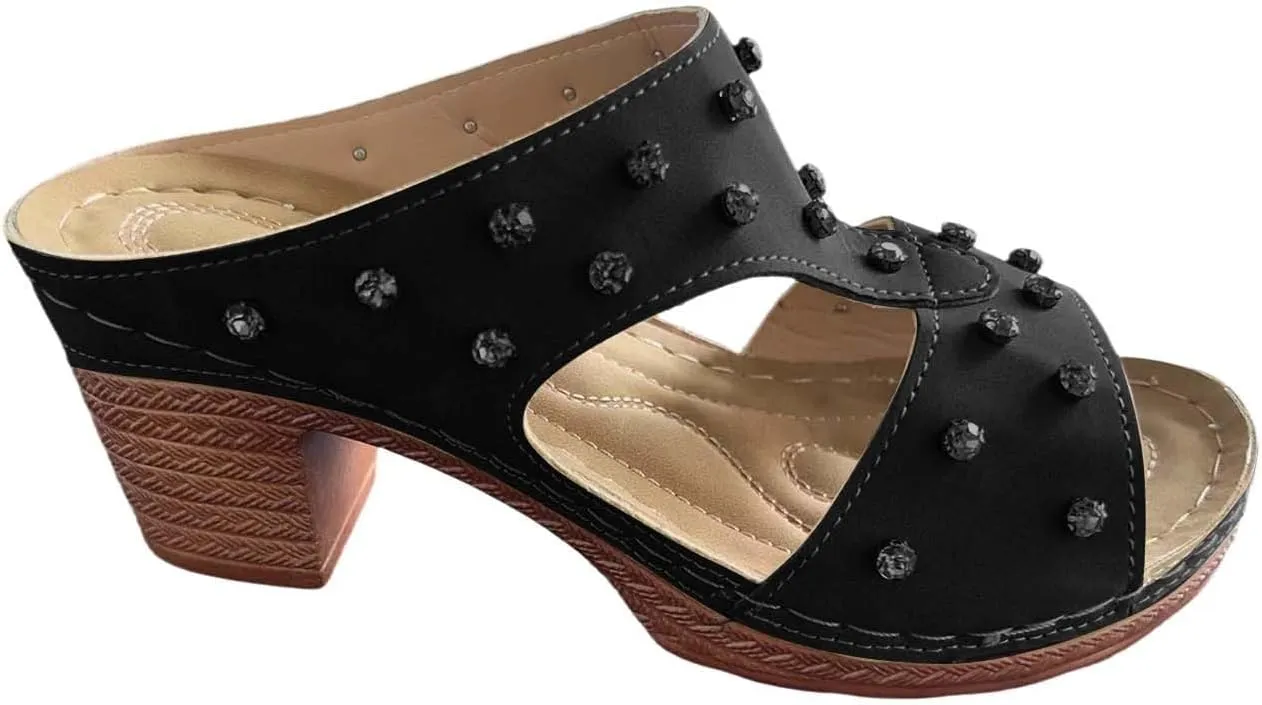 Womens Chunky Low Heel Sandals Dressy Rhinestone Summer Comfy Arch Support Slip On Platform Wedge Sandals Beach Shoes
