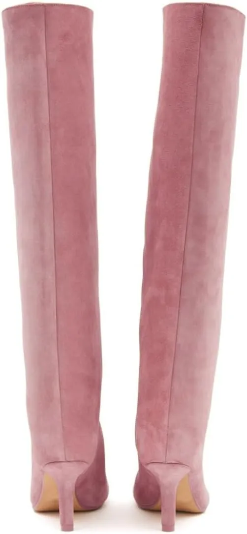 Women's Knee High Boots Green Suede Wide Calf Stiletto Long Booties Square Toe Pull On High Heel Riding Boots for Women Ladies Fashion Dress Tall Boots