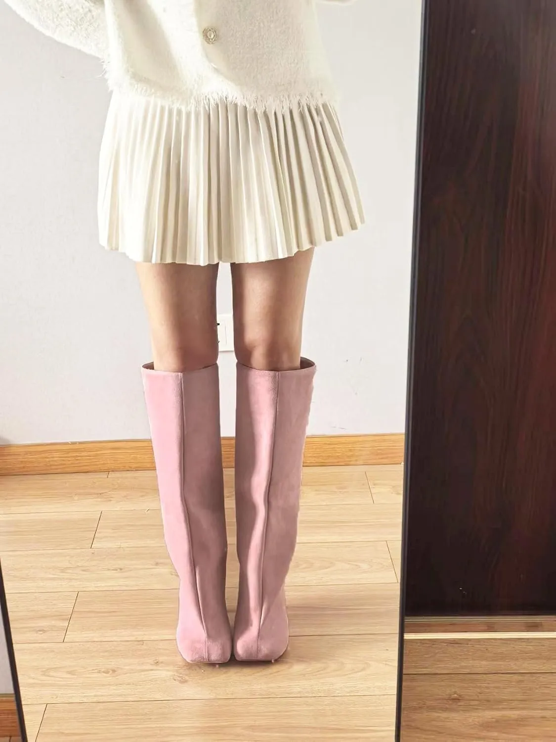 Women's Knee High Boots Green Suede Wide Calf Stiletto Long Booties Square Toe Pull On High Heel Riding Boots for Women Ladies Fashion Dress Tall Boots