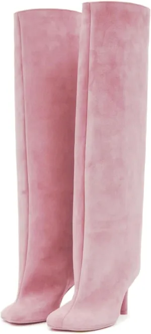 Women's Knee High Boots Green Suede Wide Calf Stiletto Long Booties Square Toe Pull On High Heel Riding Boots for Women Ladies Fashion Dress Tall Boots