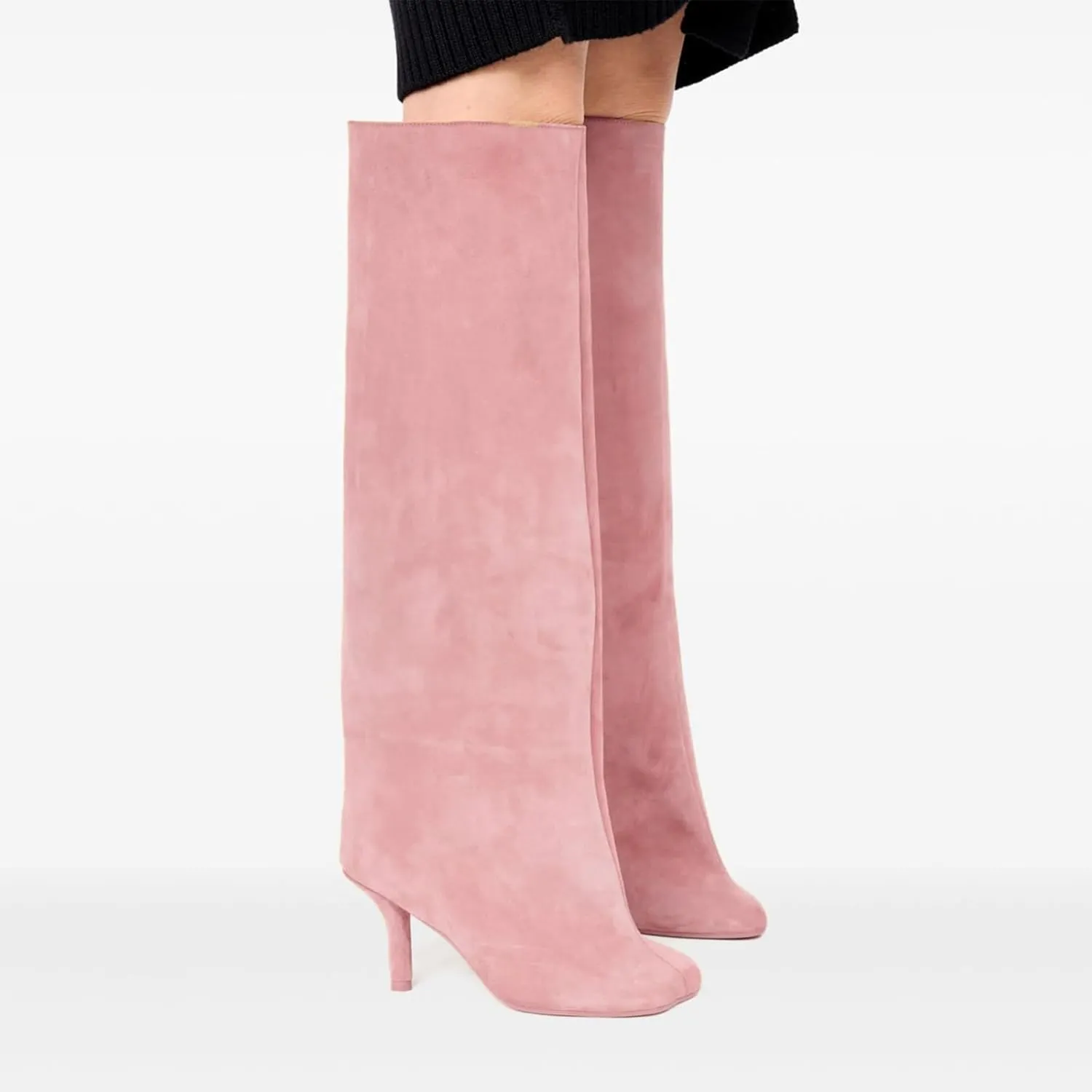 Women's Knee High Boots Green Suede Wide Calf Stiletto Long Booties Square Toe Pull On High Heel Riding Boots for Women Ladies Fashion Dress Tall Boots