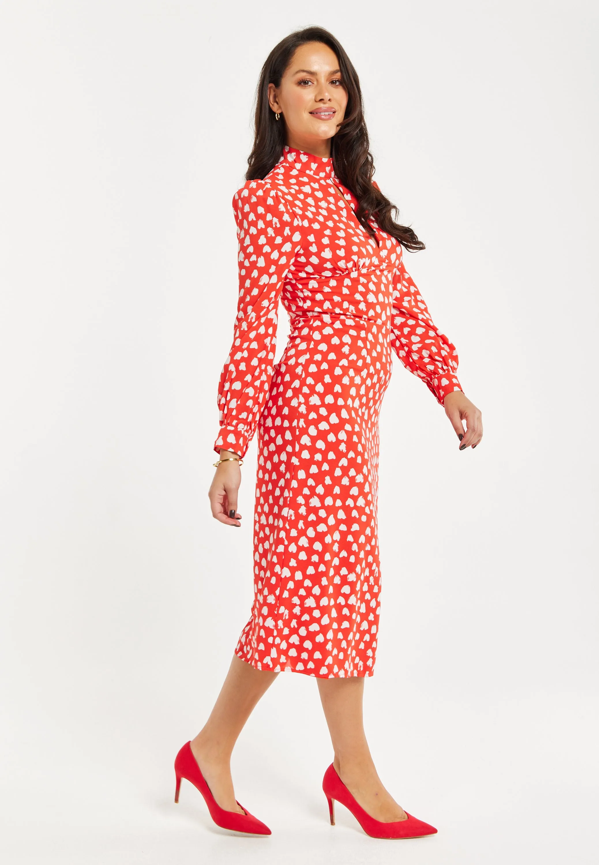 Women's Midi Dress with Long Balloon Sleeves in Red - Heart Print Elegance by Liquorish