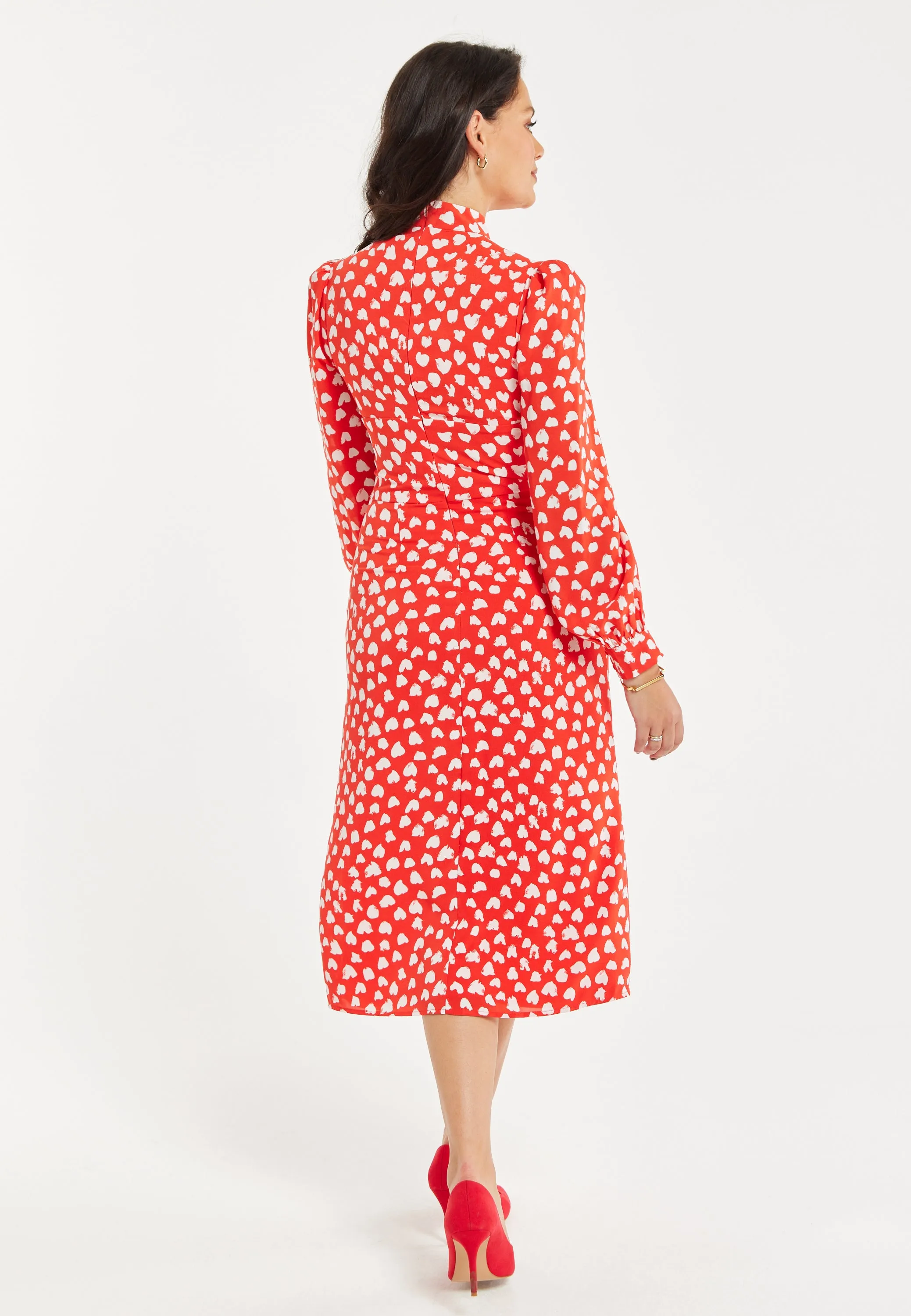Women's Midi Dress with Long Balloon Sleeves in Red - Heart Print Elegance by Liquorish