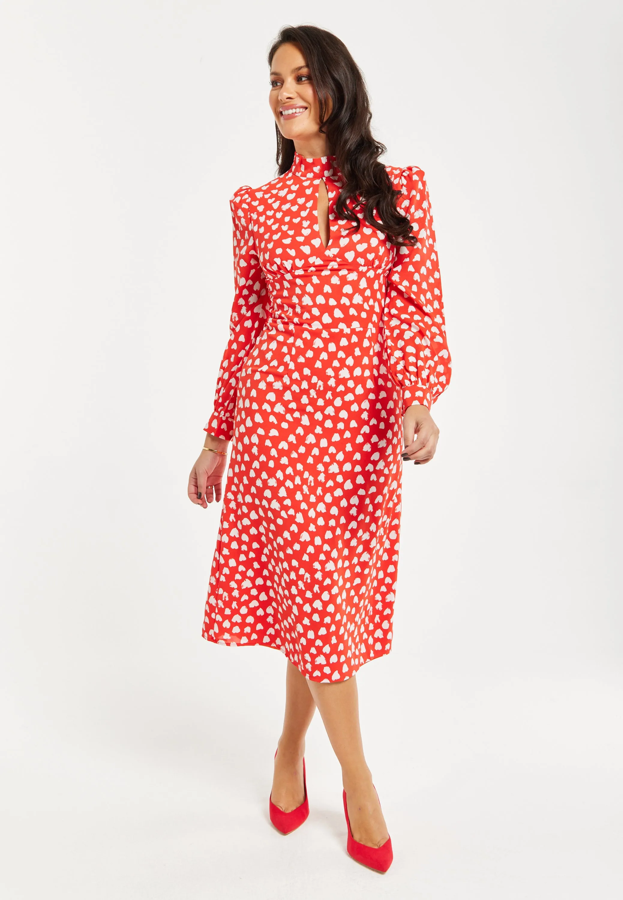 Women's Midi Dress with Long Balloon Sleeves in Red - Heart Print Elegance by Liquorish
