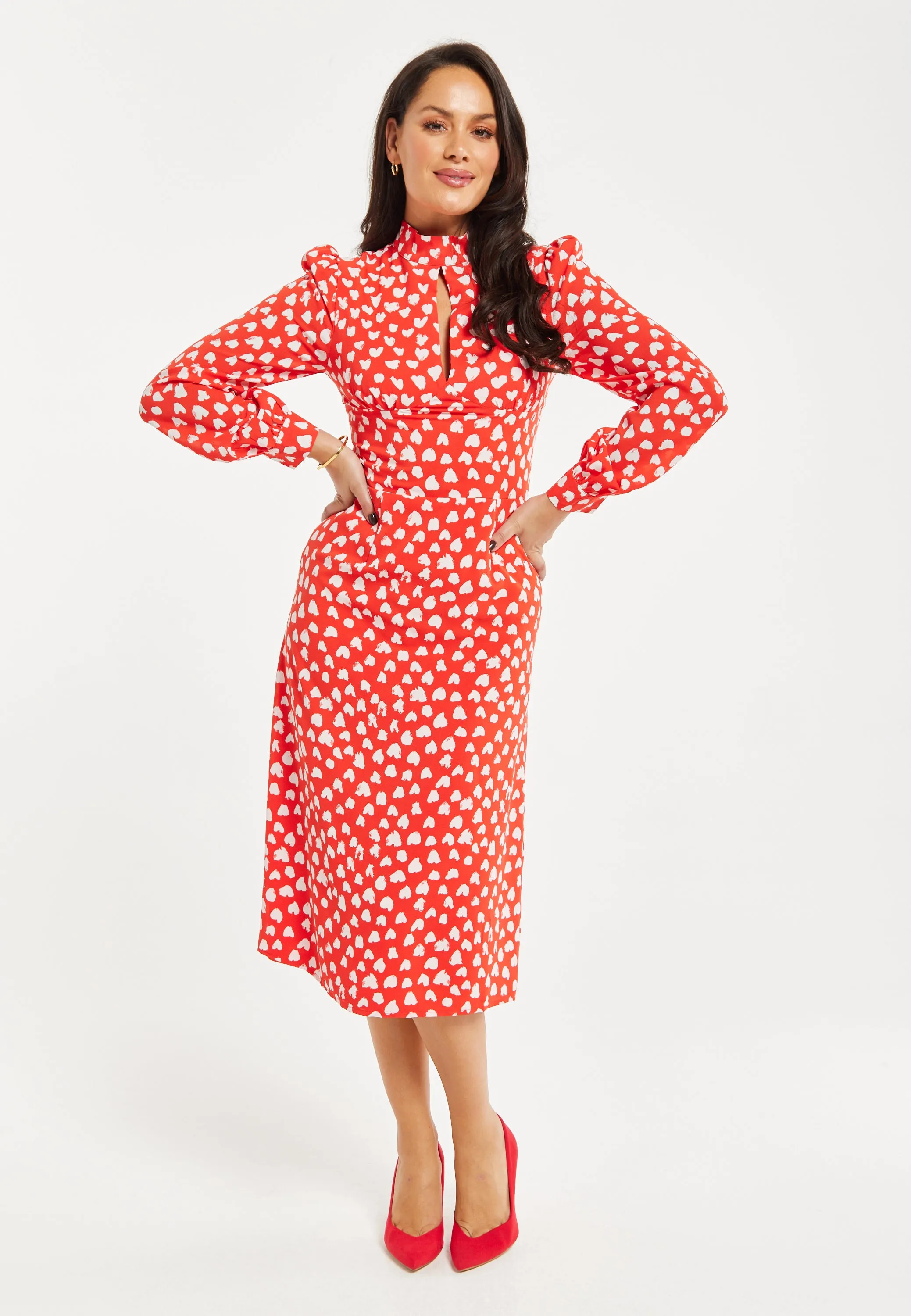 Women's Midi Dress with Long Balloon Sleeves in Red - Heart Print Elegance by Liquorish
