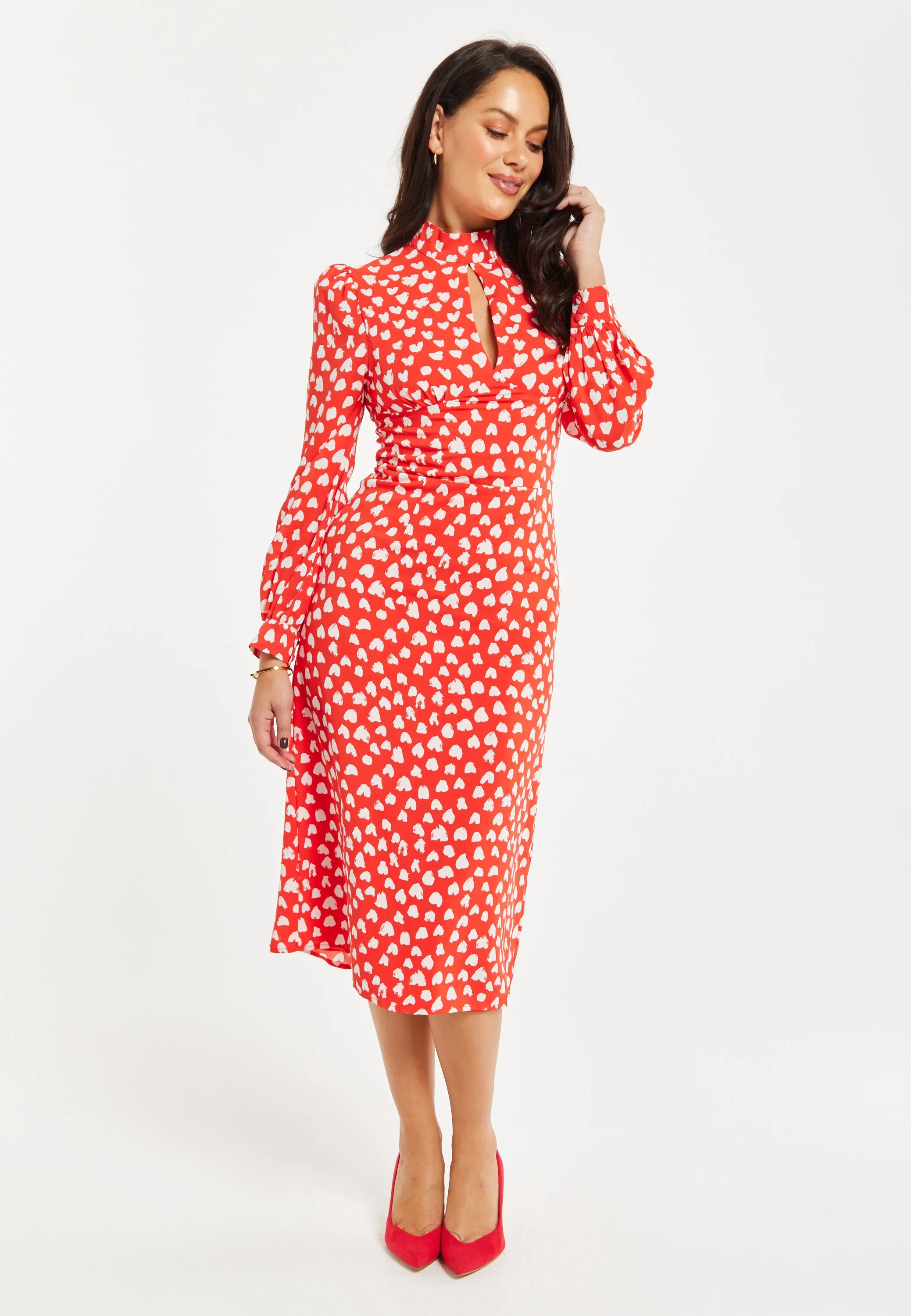 Women's Midi Dress with Long Balloon Sleeves in Red - Heart Print Elegance by Liquorish