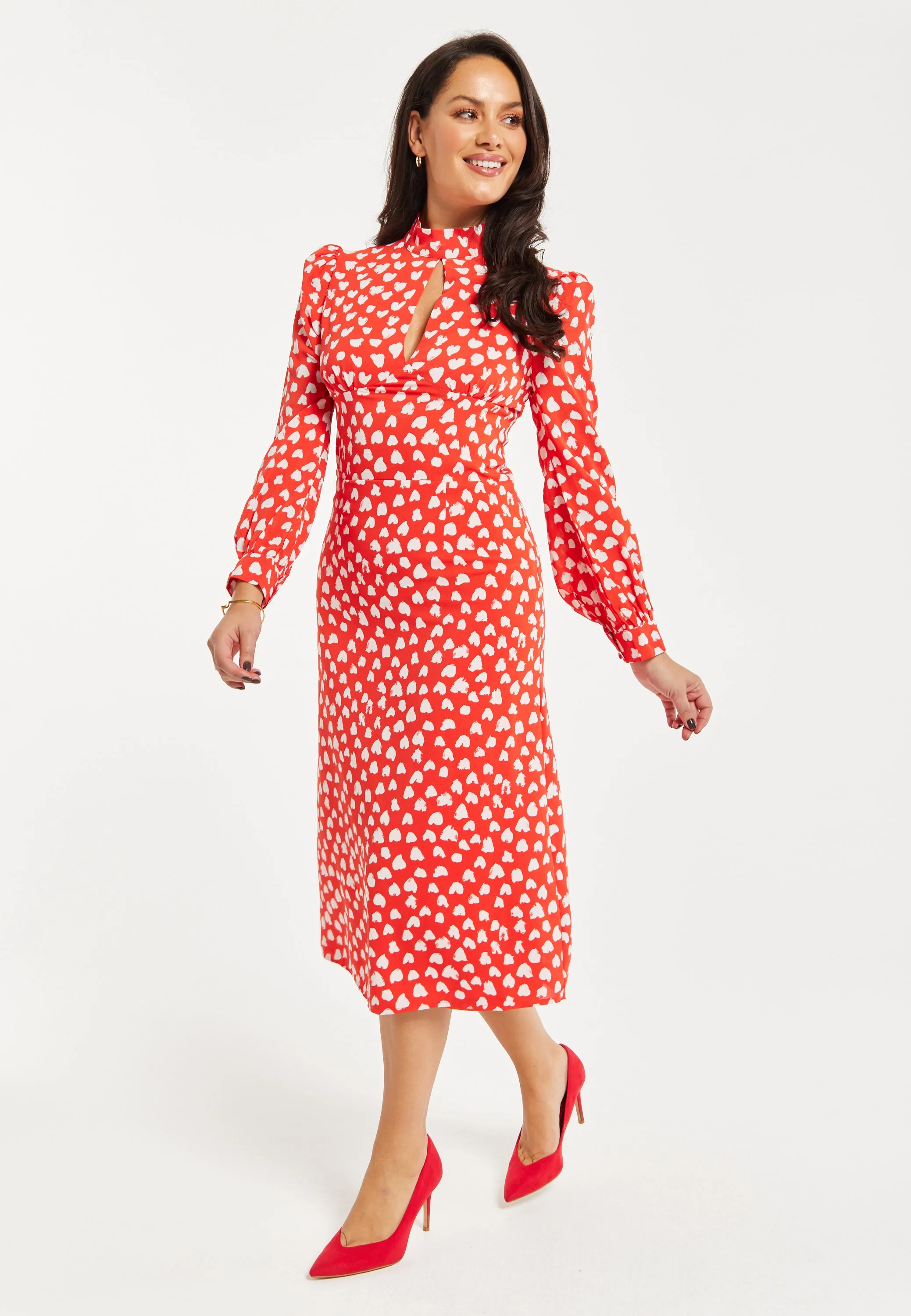 Women's Midi Dress with Long Balloon Sleeves in Red - Heart Print Elegance by Liquorish