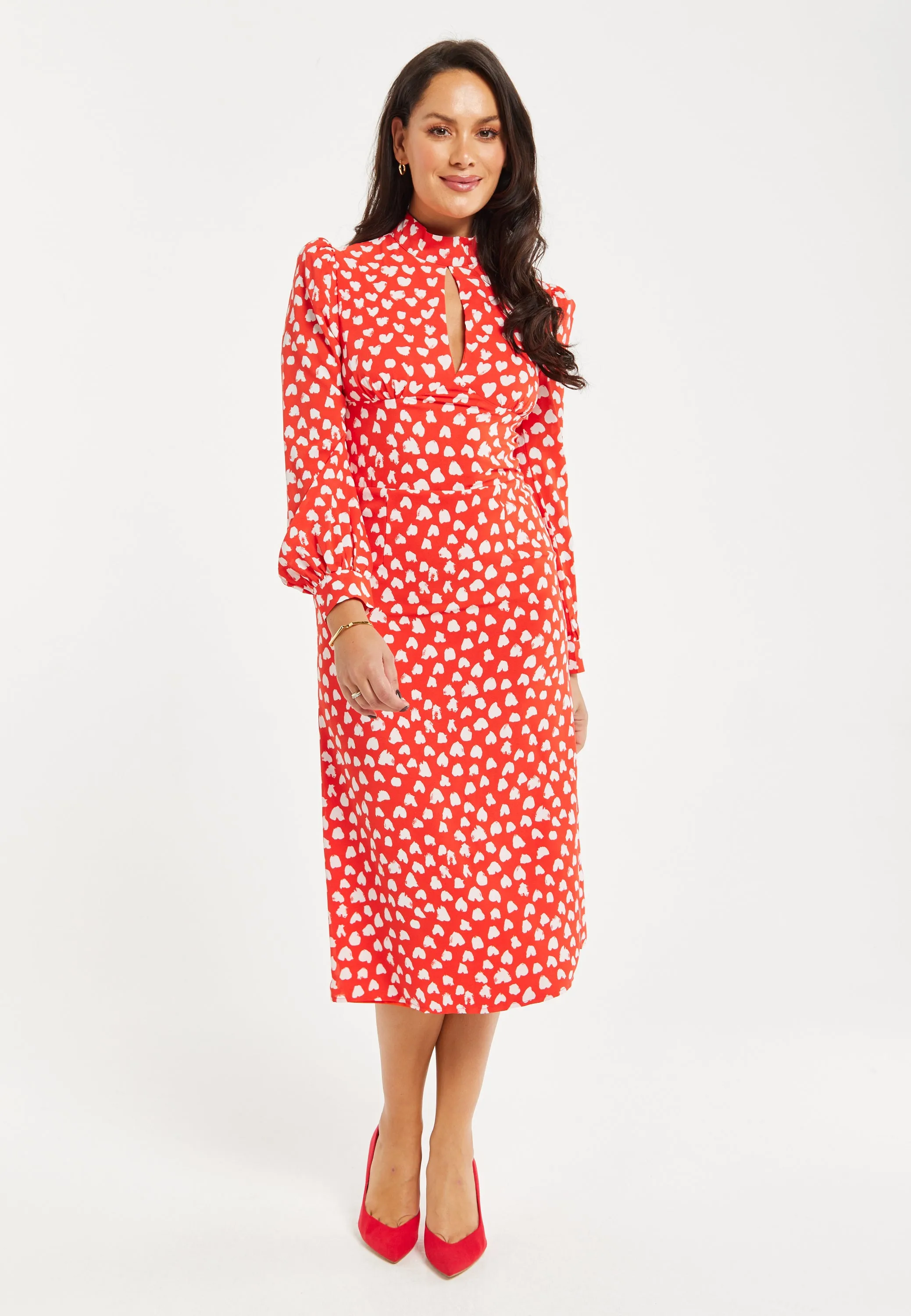 Women's Midi Dress with Long Balloon Sleeves in Red - Heart Print Elegance by Liquorish