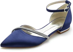 Women's Pointed Toe Satin Pumps Wedding Flats for Bride Crystal Bridal Shoes Prom Evening Bridal Party Dress Flats