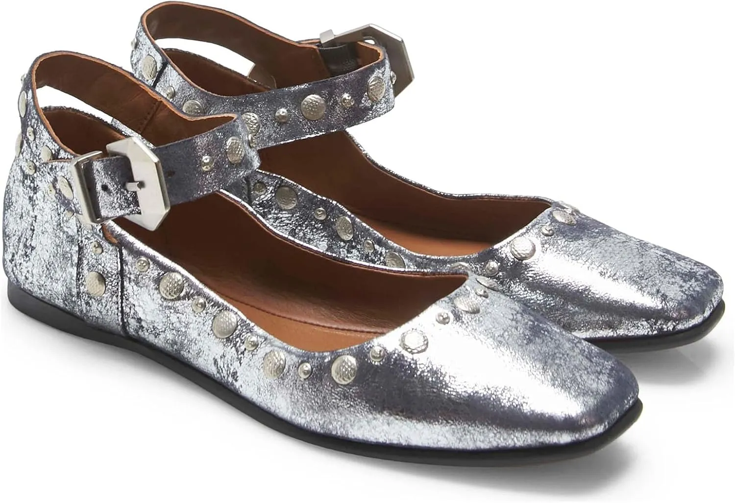 Women's Stud Mary Jane Flats Metallic Square Toe Ballet Flats Ankle Buckle Strap Comfy Ballerina Shoes