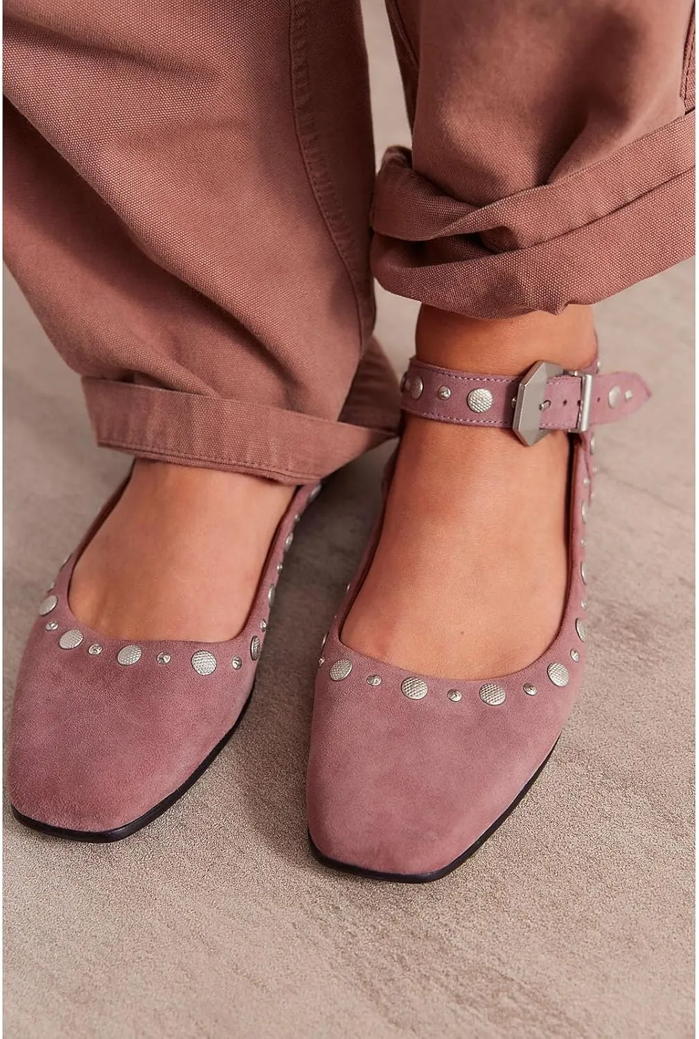 Women's Stud Mary Jane Flats Metallic Square Toe Ballet Flats Ankle Buckle Strap Comfy Ballerina Shoes