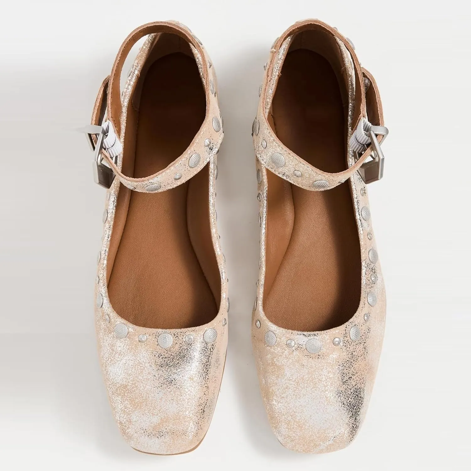 Women's Stud Mary Jane Flats Metallic Square Toe Ballet Flats Ankle Buckle Strap Comfy Ballerina Shoes