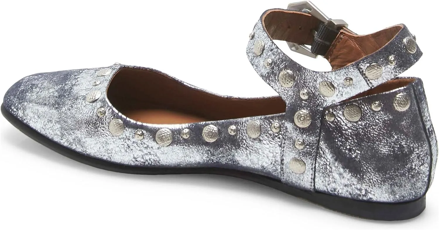 Women's Stud Mary Jane Flats Metallic Square Toe Ballet Flats Ankle Buckle Strap Comfy Ballerina Shoes