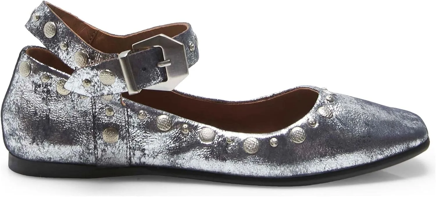 Women's Stud Mary Jane Flats Metallic Square Toe Ballet Flats Ankle Buckle Strap Comfy Ballerina Shoes