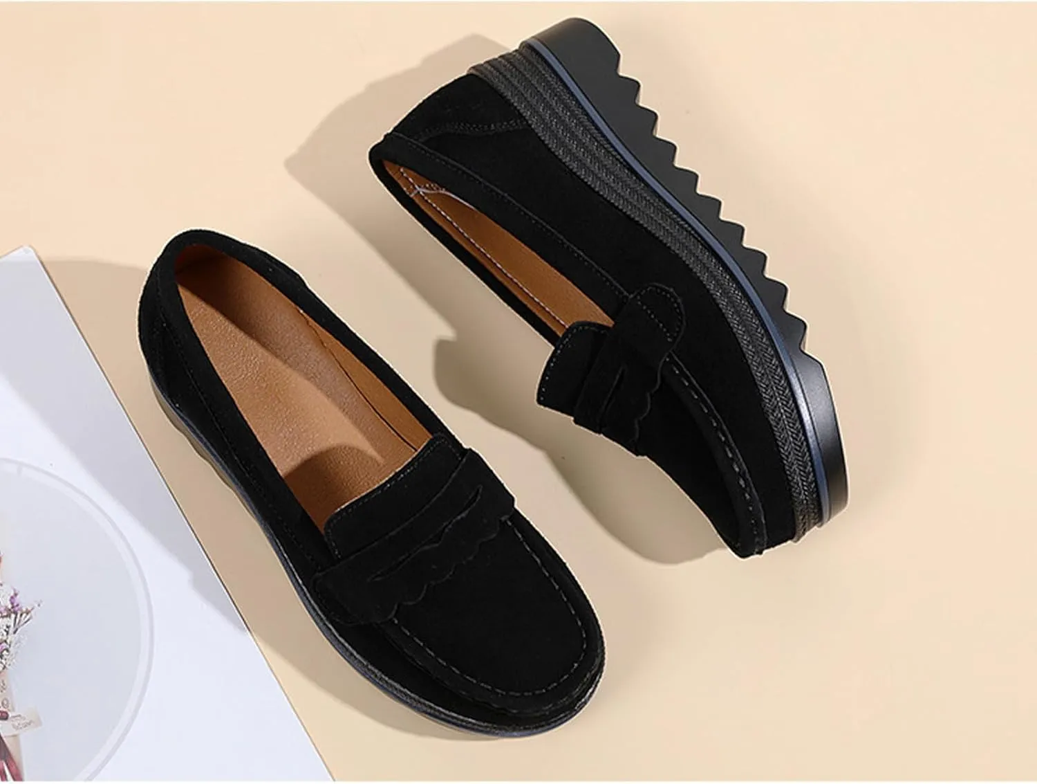 Yuizko Women's Suede Slip-On Platform Loafers with Arch Support,Casual Soft Comfortable Moccasin Sneakers Non-Slip Orthopedic Penny Walking Shoes