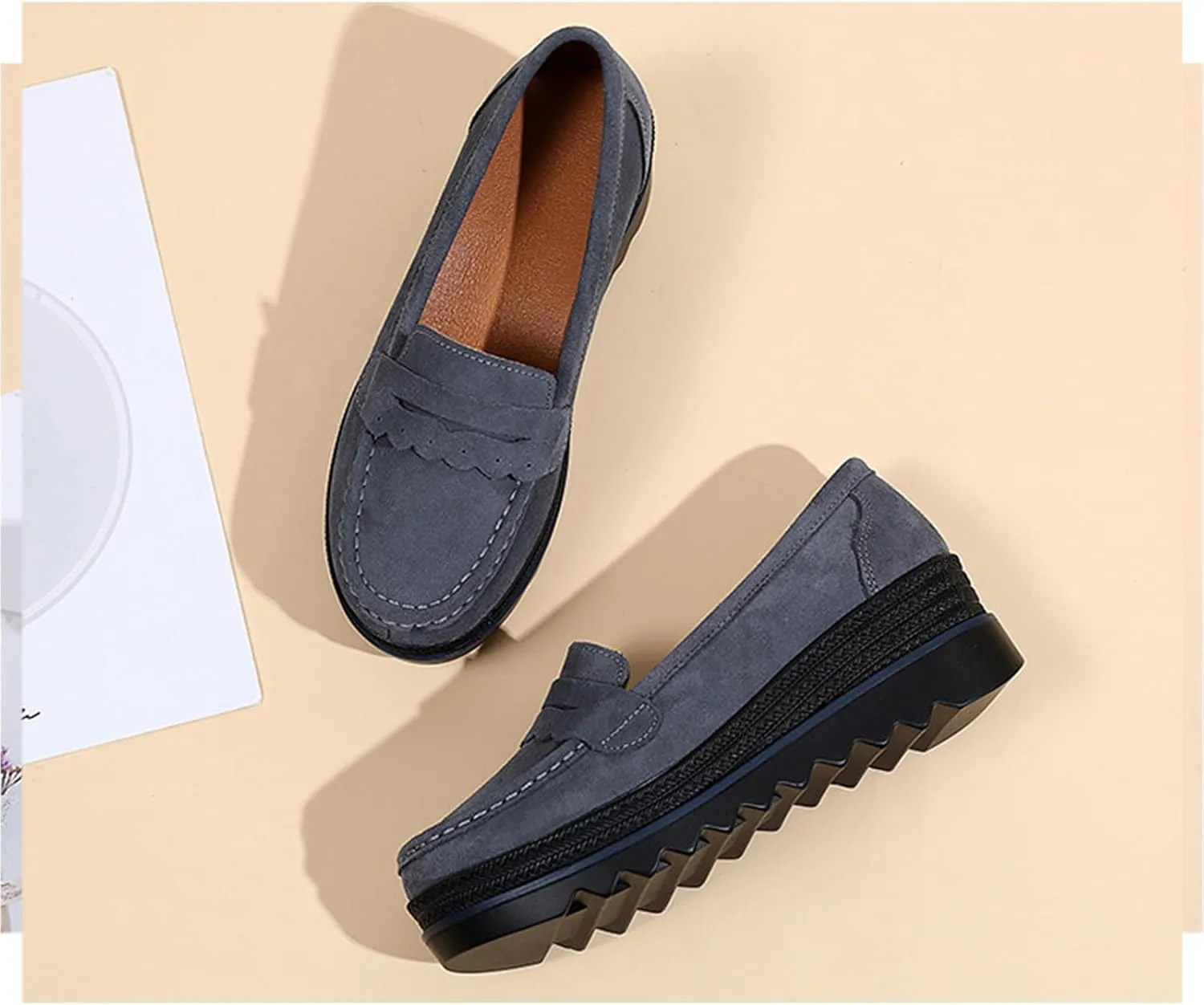 Yuizko Women's Suede Slip-On Platform Loafers with Arch Support,Casual Soft Comfortable Moccasin Sneakers Non-Slip Orthopedic Penny Walking Shoes
