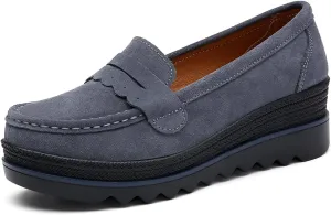 Yuizko Women's Suede Slip-On Platform Loafers with Arch Support,Casual Soft Comfortable Moccasin Sneakers Non-Slip Orthopedic Penny Walking Shoes