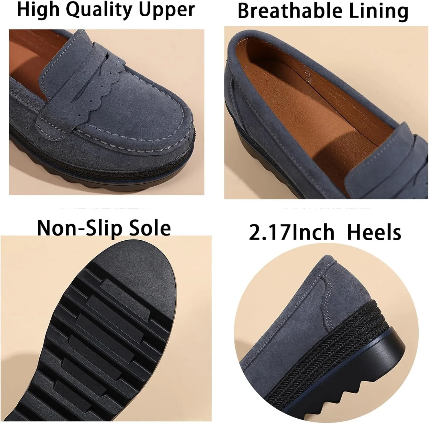Yuizko Women's Suede Slip-On Platform Loafers with Arch Support,Casual Soft Comfortable Moccasin Sneakers Non-Slip Orthopedic Penny Walking Shoes