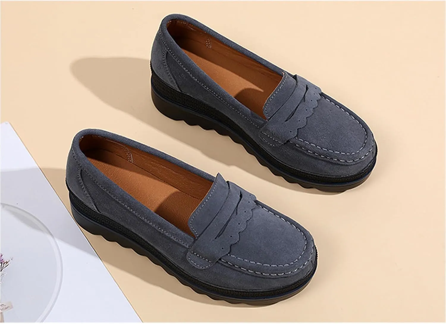 Yuizko Women's Suede Slip-On Platform Loafers with Arch Support,Casual Soft Comfortable Moccasin Sneakers Non-Slip Orthopedic Penny Walking Shoes