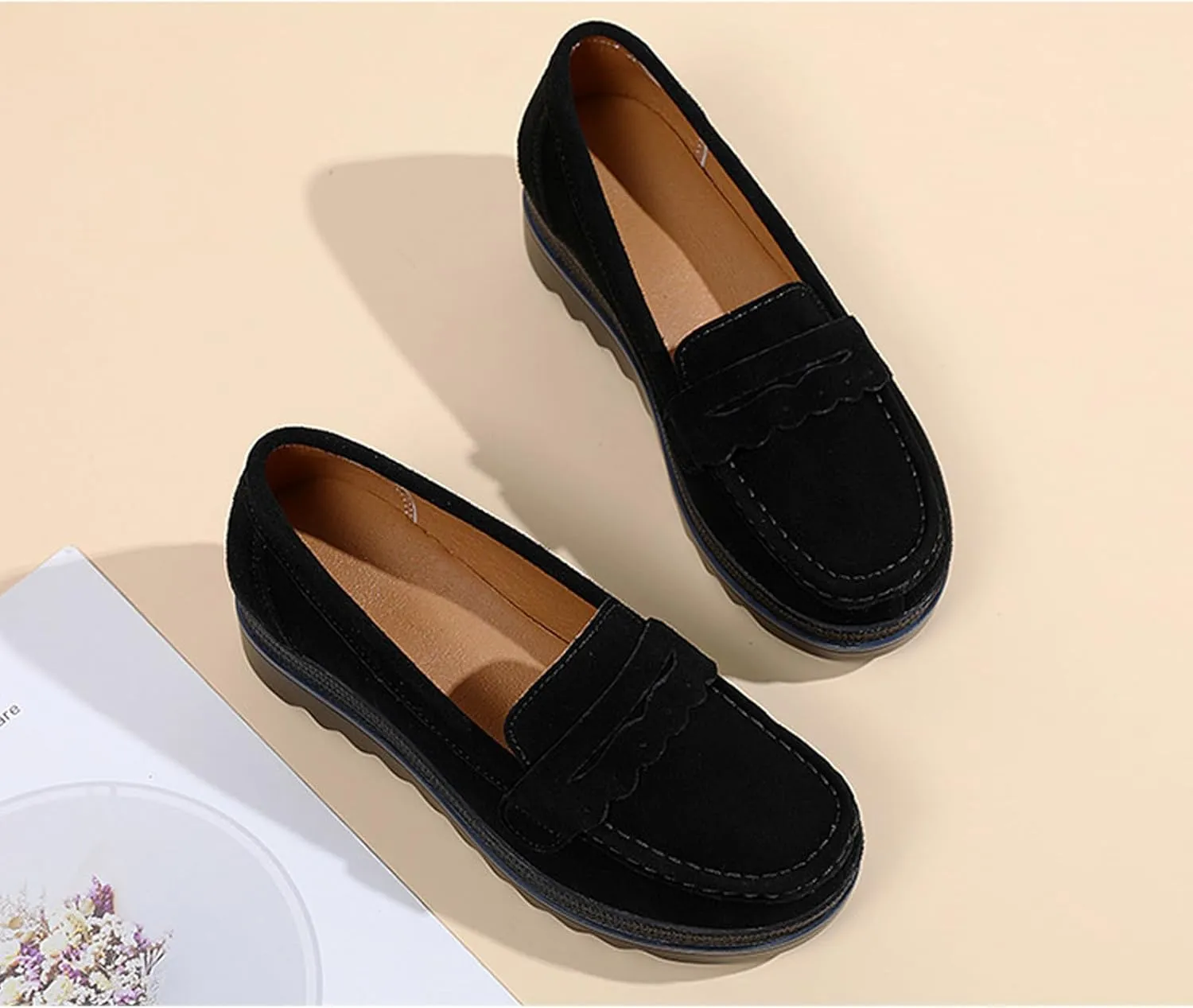 Yuizko Women's Suede Slip-On Platform Loafers with Arch Support,Casual Soft Comfortable Moccasin Sneakers Non-Slip Orthopedic Penny Walking Shoes